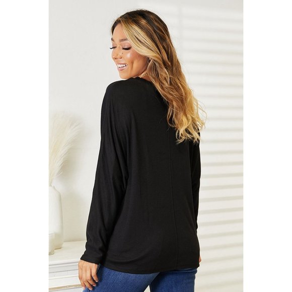 Seam Detail Round Neck Long Sleeve Top Solid BLACK PLUS SIZE - Picture 7 of 9
